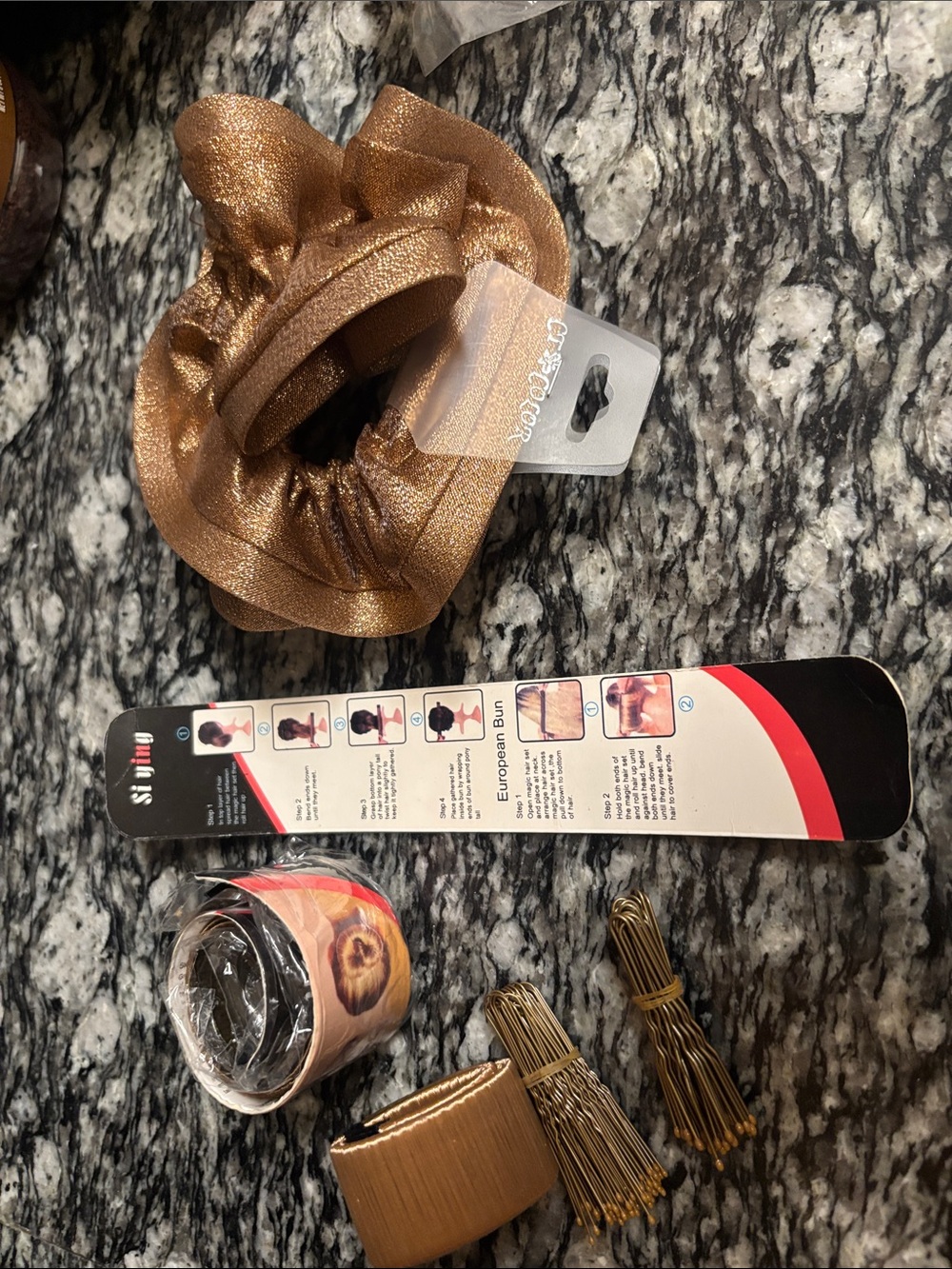 Two European bun maker,Metallic Gold Hair Scrunchie with Matching Pins